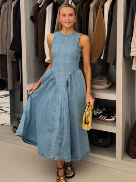 Sexy Women Backless Lace Up High Waisted Denim Dress Fashion O Neck Sleeveless A Line Dresses Spring Chic Lady Street Robes