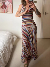 Load image into Gallery viewer, Women Sleeveless Stripe Maxi Dress Cowl Neck Multicolor Ruched Bodycon High Slit Chiffon Vestido Sexy Evening Party Summer Gown