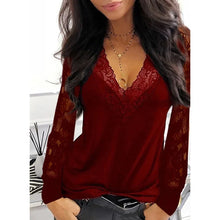 Load image into Gallery viewer, New Ladies Shirt Sexy Fashion Lace Stitching Hollow Leisure White Black Slimming V-Neck T-Shirt Womens Clothes for Spring/Summer