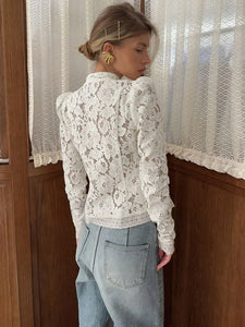 Tossy Summer Lace Printed Shirts Tops Female Hollow Out Fashion Commute Vintage See-Through Blouse Women's Lace Shrug Shirts New