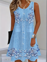 Load image into Gallery viewer, Women's Casual Floral Digital Print Imitation Denim Dress, Round Neck, Silky Fiber, Blue White Summer Dress, Regular Fit