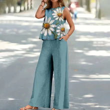 Load image into Gallery viewer, Bohemian Leaf Print Holiday Pants Set Round Neck Elegant Temperament Summer Sleeveless Top And Pants Hawaii Vacation Womenswear