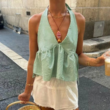 Load image into Gallery viewer, Bohemian Plaid Babydoll Tank Tops Coquette Tie-up Halter Neck Sleeveless Vest Summer Backless Crop Tops Women Holiday Streetwear