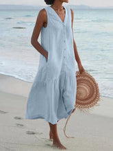 Load image into Gallery viewer, Summer Loose Casual Patchwork Cotton Linen Pocktes Dress V Neck Beach Style Dress Sleeveless Vintage Club Midi Solid Women Dress