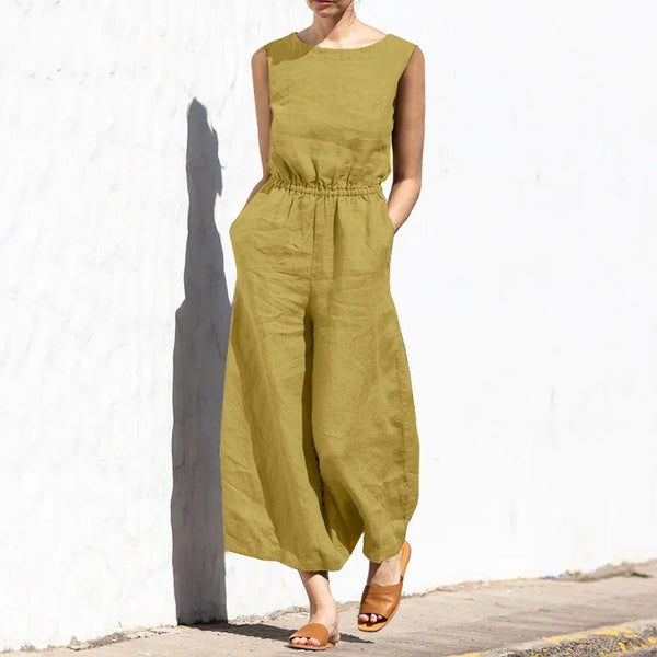 Cotton And Linen Jumpsuit Women Solid Color Sleeveless Pocket High Waist Wide Legs Jumpsuits Casual Commuting Ladies Bodysuits