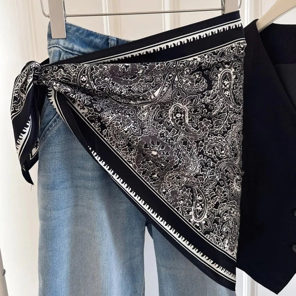 New Multi-functional Floral Triangle Scarf Matching Pants Silk Satin Waist Belt Women's Necktie Summer
