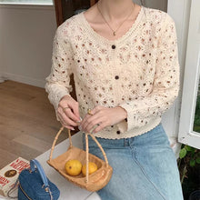 Load image into Gallery viewer, Long Sleeve Crochet Top for Women Sheer Button Up Hollow Out Openwork Knit Cardigan Jacket Spring Summer Boho Vacation Outfit