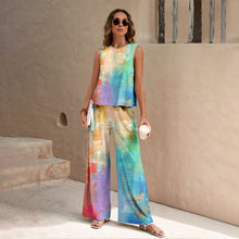 Load image into Gallery viewer, Harajuku Colorful Floral Pattern Print 2 Piece Womens Elegant O Neck Pullover And Straight Leg Pants Set Spring Summer Beach Set