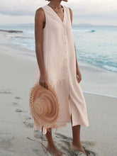 Load image into Gallery viewer, Summer Loose Casual Patchwork Cotton Linen Pocktes Dress V Neck Beach Style Dress Sleeveless Vintage Club Midi Solid Women Dress