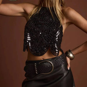 hirigin Womens Halter Sequin Tank Top Backless Tie Up Sexy Sparkly Crop Top Sleeveless Glitter Party Tops Sexy Clubwear