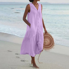 Load image into Gallery viewer, Summer Loose Casual Patchwork Cotton Linen Pocktes Dress V Neck Beach Style Dress Sleeveless Vintage Club Midi Solid Women Dress