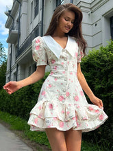 Load image into Gallery viewer, Flower Printed Lapel Mini Dress Women Casual Daily Short Sleeved V Neck A-line Fluffy Short Vestido 2025 New Summer Holiday Robe