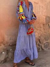 Load image into Gallery viewer, 2024 Autumn Fashion New Women's Loose Long Sleeve Striped Splicing V-neck Lantern Sleeve Printed Loose Long Dress