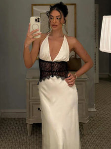 Mozision Summer Backless Sexy Maxi Dress Women Gown Patchwork Lace Halter Deep V Neck Sleeveless High Waist Elegant Long Dress