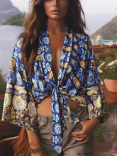 Load image into Gallery viewer, Vintage Boho Kimono Short Robe Women Fashion 2024 Floral Batwing Sleeves Rayon Bohemian Bikini Cover Up Beachwear