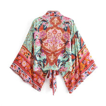 Load image into Gallery viewer, Happie Queens Floral Print Sashes Short  Kimono Women Fashion V Neck Batwing Sleeves Robe Lady Boho Bikini Cover-ups
