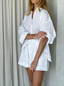 2024 Spring Summer Solid Cotton Short Two Piece Set Women Stripe Long Sleeve Shirts Shorts 2 Piece Sets Simple Style Lady Suit