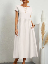 Load image into Gallery viewer, Women Vintage Solid Dress Summer Elegant O Neck Short Sleeve Cotton Linen Dresses Female Casual Loose Sundress Long Dress