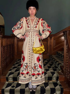 Women Flax Flower Print Maxi Boho Dress Vintage Street V Neck Lantern Sleeve Single Breasted Vestidos Lady Vacation Loose Robes