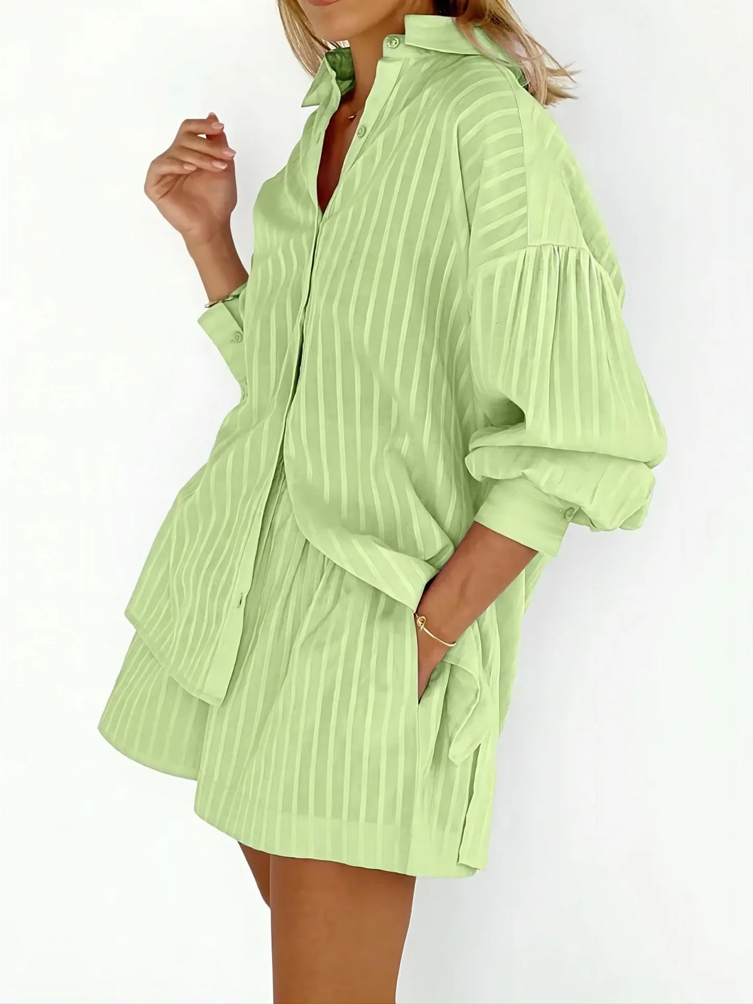 2024 Spring Summer Solid Cotton Short Two Piece Set Women Stripe Long Sleeve Shirts Shorts 2 Piece Sets Simple Style Lady Suit