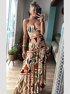 Fashion Printed Layered Curling Edge Patchwork Dresses Chic Full Sleeve Pleated U Neck Gown New Lady Vacation Highstreet Vestido