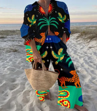 Load image into Gallery viewer, Fashion Print Beach Holiday 2-Piece Set Women Spring Summer Long Sleeve Shirt Top + Wide Legs Women's Oversized Two-Piece Outfit