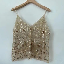 Load image into Gallery viewer, Puloru Trendy Sequins Beads Flower Pattern Vests Women&#39;s Sleeveless Open Back V Neck Camisoles See-Through Chic Summer Camis