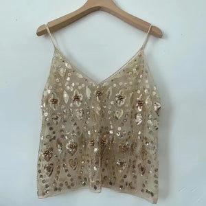 Puloru Trendy Sequins Beads Flower Pattern Vests Women's Sleeveless Open Back V Neck Camisoles See-Through Chic Summer Camis