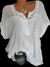 Load image into Gallery viewer, Large Size Loose Short-Sleeved Lace Women Blouses Cotton Blouses 2024 Summer V-neck White Shirt Tops Sexy Fashion Women Shirt