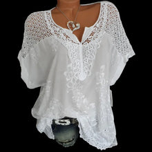Load image into Gallery viewer, Large Size Loose Short-Sleeved Lace Women Blouses Cotton Blouses 2024 Summer V-neck White Shirt Tops Sexy Fashion Women Shirt