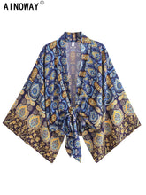 Load image into Gallery viewer, Vintage Boho Kimono Short Robe Women Fashion 2024 Floral Batwing Sleeves Rayon Bohemian Bikini Cover Up Beachwear