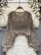 Load image into Gallery viewer, Autumn Casual Loose Knitting Top O Neck Hook Flower Hollow Long Sleeved Tassel Design Fashion French Vintage Blouse