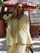 Load image into Gallery viewer, Yellow Casual Ruffles Lace-up Shirts For Women Fashion Loose Long Sleeve V Neck Summer Blouse Lady Lightweight Holiday Tops 2025