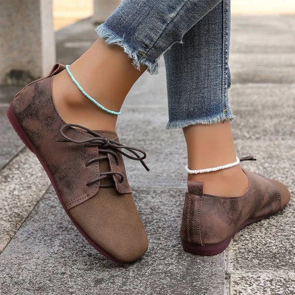 Brown Round Toe Flats Shoes Women 2025 Faux Suede Lace Up Flat Shoes for Woman Plus Size 43 Soft Walking Casual Shoes Female