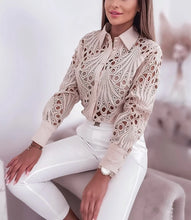 Load image into Gallery viewer, Women's Blouses Hollowed Out Long Sleeved Shirt Casual Solid Button Up With Lapel And Open Front Camisas Femininas