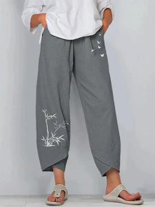 Vintage Print Women Pants Fashion Irregular Casual High Waist Elastic Waist Straight Loose Trousers Summer Lady Cargo Pantalon