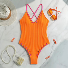 Load image into Gallery viewer, 5 Colors V Neck Ribbed Cross Back One Piece Swimsuit Women Swimwear Female High Leg Cut Monokini  Bather Bathing Suit Swim V6278