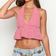 Load image into Gallery viewer, Bohemian Plaid Babydoll Tank Tops Coquette Tie-up Halter Neck Sleeveless Vest Summer Backless Crop Tops Women Holiday Streetwear