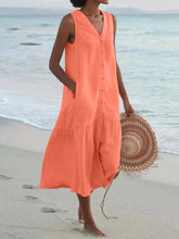 Load image into Gallery viewer, Summer Loose Casual Patchwork Cotton Linen Pocktes Dress V Neck Beach Style Dress Sleeveless Vintage Club Midi Solid Women Dress