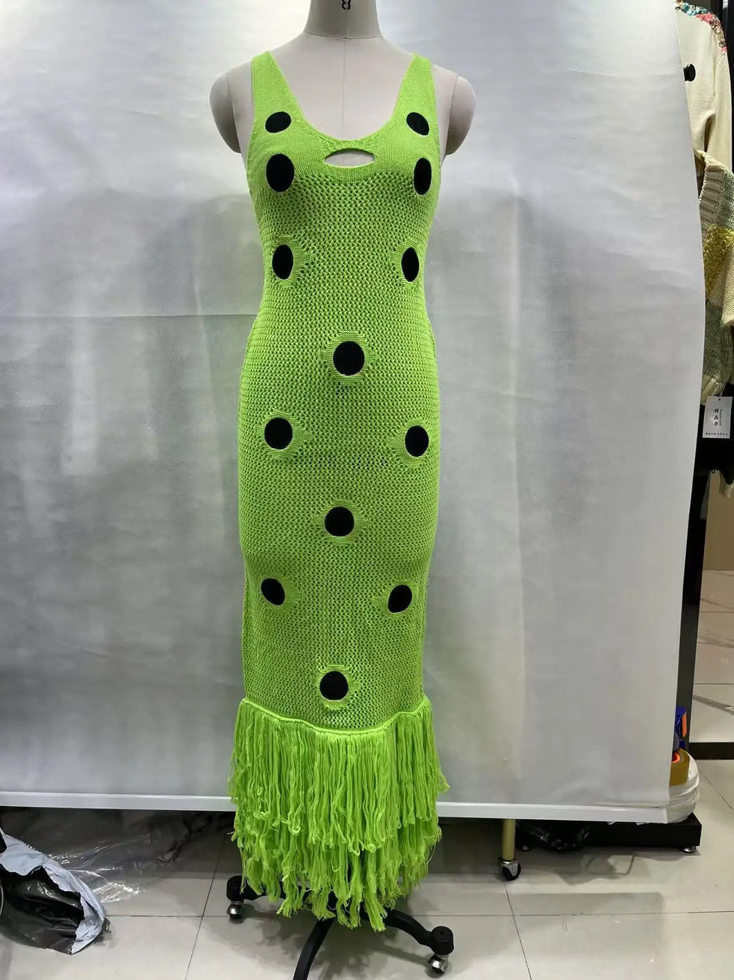 Women Sexy See Through Knitted Maxi Dress Hollow Out Deep Neck Pot Robes Tassel Hem Fork Party Vestidos 2025 New Lady Club Dress