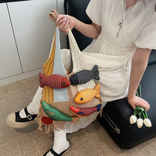 Load image into Gallery viewer, Cute Little Fish Relaxed Knitted Bag 2025 Summer New Commuter Versatile Shoulder Bag Contrasting Cut Out Tote Bag