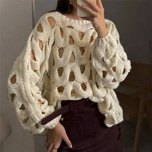 Load image into Gallery viewer, Sexy Hollow Out Long Sleeved Knitted Sweater Summer Beach O-neck Crochet Pullover Casual Solid Color Women's Loose Top Blouses