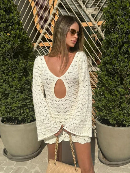 Sexy Boho Striped Chic V-neck Cut Out Bell Sleeve Knit Beach Mini Dress 2025 Summer Women Seaside Holiday Swimsuit Cover Up K123