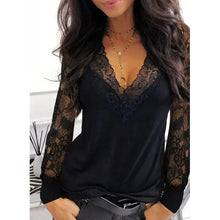 Load image into Gallery viewer, New Ladies Shirt Sexy Fashion Lace Stitching Hollow Leisure White Black Slimming V-Neck T-Shirt Womens Clothes for Spring/Summer
