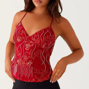 Shiny Sequins V Neck Cropped Vest Women Sexy Lace Up Backless Summer Holiday Halter Tops 2025 Chic Lady Sparkle Sling T-shirt