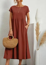 Load image into Gallery viewer, Women Vintage Solid Dress Summer Elegant O Neck Short Sleeve Cotton Linen Dresses Female Casual Loose Sundress Long Dress