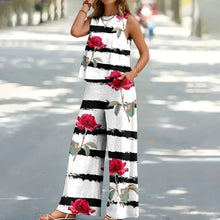 Load image into Gallery viewer, Bohemian Leaf Print Holiday Pants Set Round Neck Elegant Temperament Summer Sleeveless Top And Pants Hawaii Vacation Womenswear