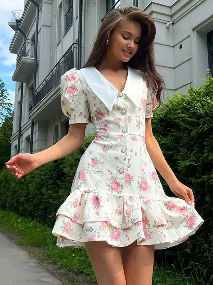 Flower Printed Lapel Mini Dress Women Casual Daily Short Sleeved V Neck A-line Fluffy Short Vestido 2025 New Summer Holiday Robe