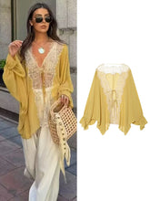 Load image into Gallery viewer, Women Lace Patchwork Lantern Long Sleeve Shirt Top Tie-up Loose Sheer Blouse Elegant Irregular High Street Fashion Lady
