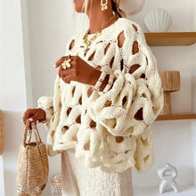 Load image into Gallery viewer, Sexy Hollow Out Long Sleeved Knitted Sweater Summer Beach O-neck Crochet Pullover Casual Solid Color Women's Loose Top Blouses